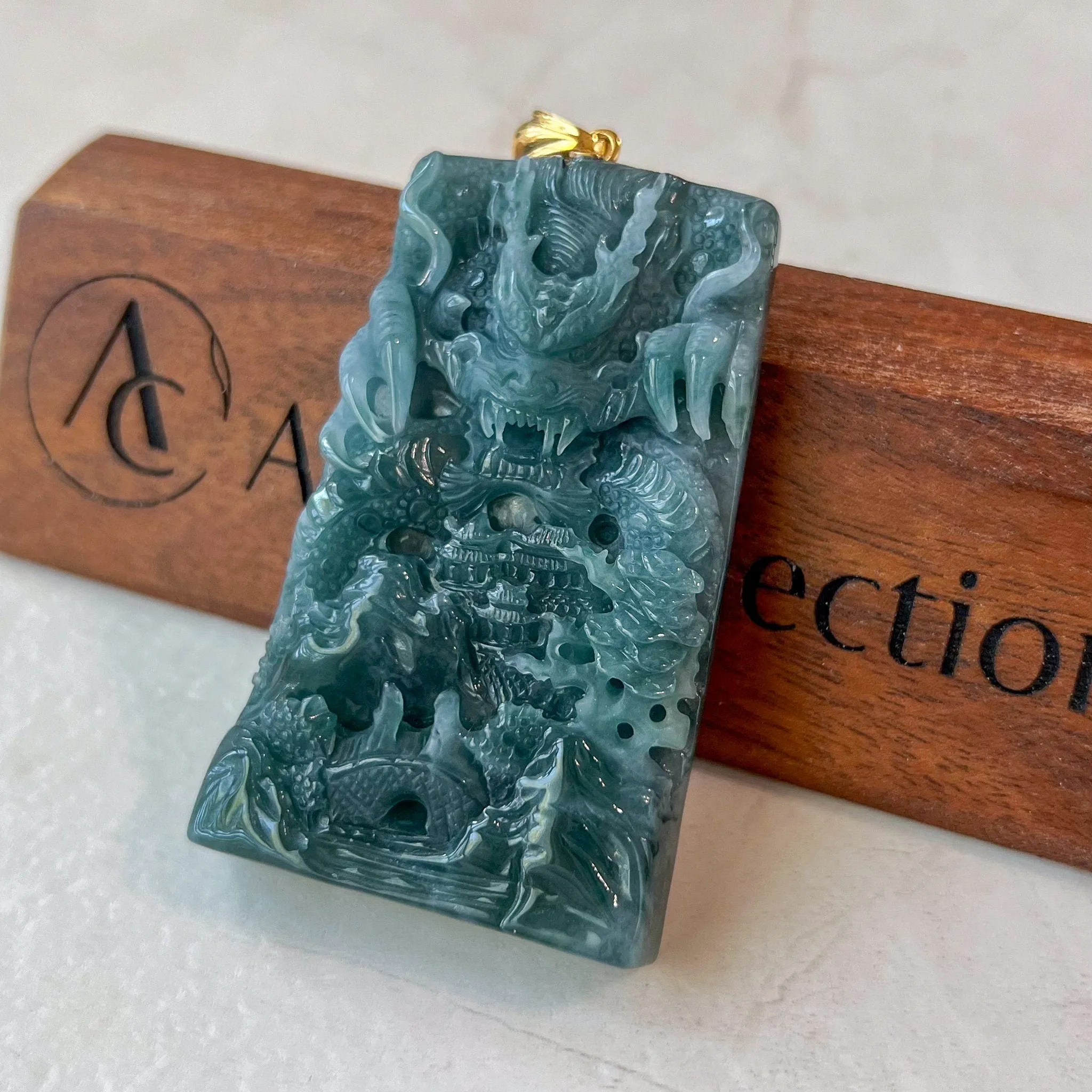 Celestial Dragon Landscape Pendant, Green Jadeite Jade Dragon Hand Carved Pendant with 18K Gold, EAS-0424-1718675081