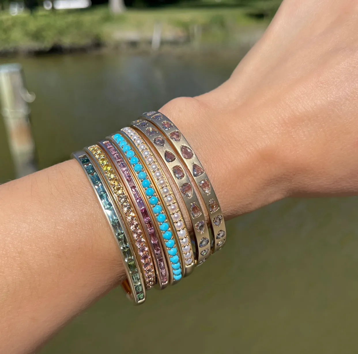 Cirque Oval Hinged Cuff Bracelet with Turquoise Cabochons