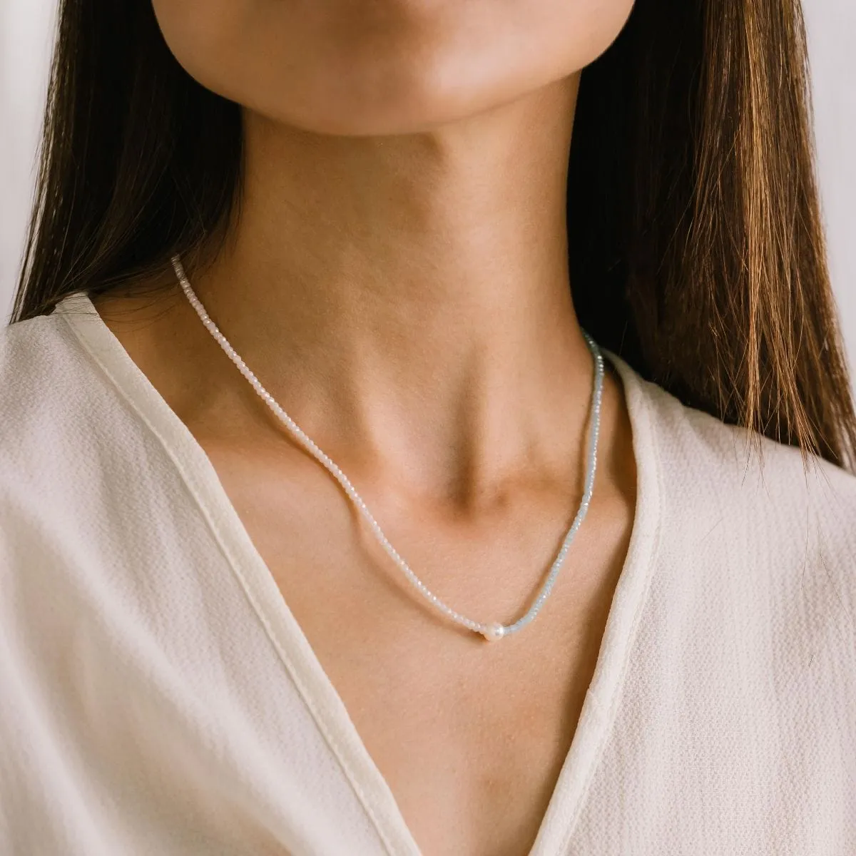 Cora Beaded Necklace Aqua/Creme