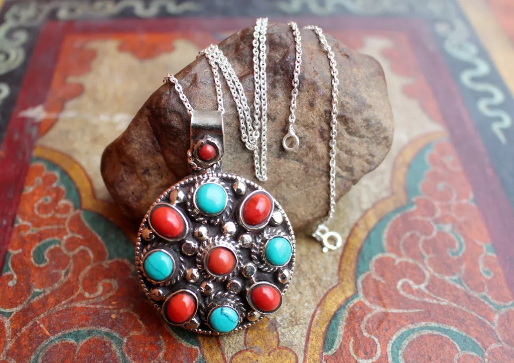 Coral and Turquoise Decoration Flower Pendant