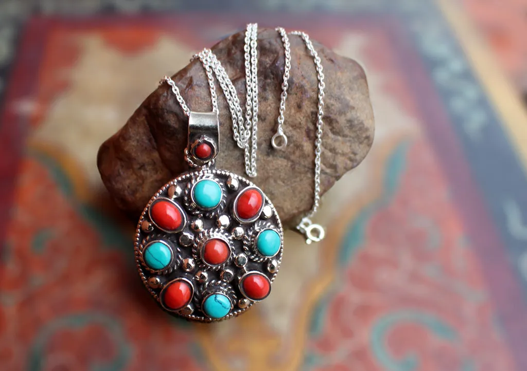 Coral and Turquoise Decoration Flower Pendant