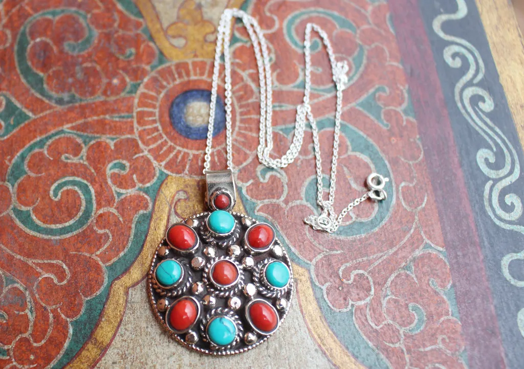 Coral and Turquoise Decoration Flower Pendant