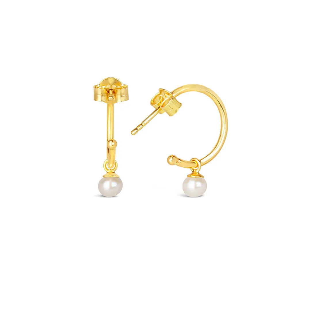 Dainty Pearl Drop Hoop Earrings | Midnight - Gold