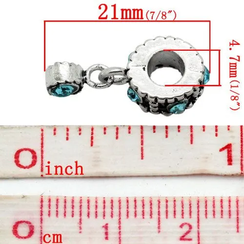 December Blue Topaz Turquoise  Rhinestone Birthstone Charm Spacer For Snake Chain Charm Bracelet