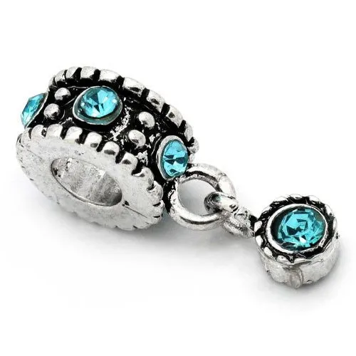 December Blue Topaz Turquoise  Rhinestone Birthstone Charm Spacer For Snake Chain Charm Bracelet