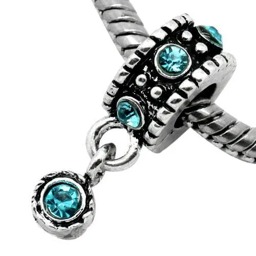 December Blue Topaz Turquoise  Rhinestone Birthstone Charm Spacer For Snake Chain Charm Bracelet