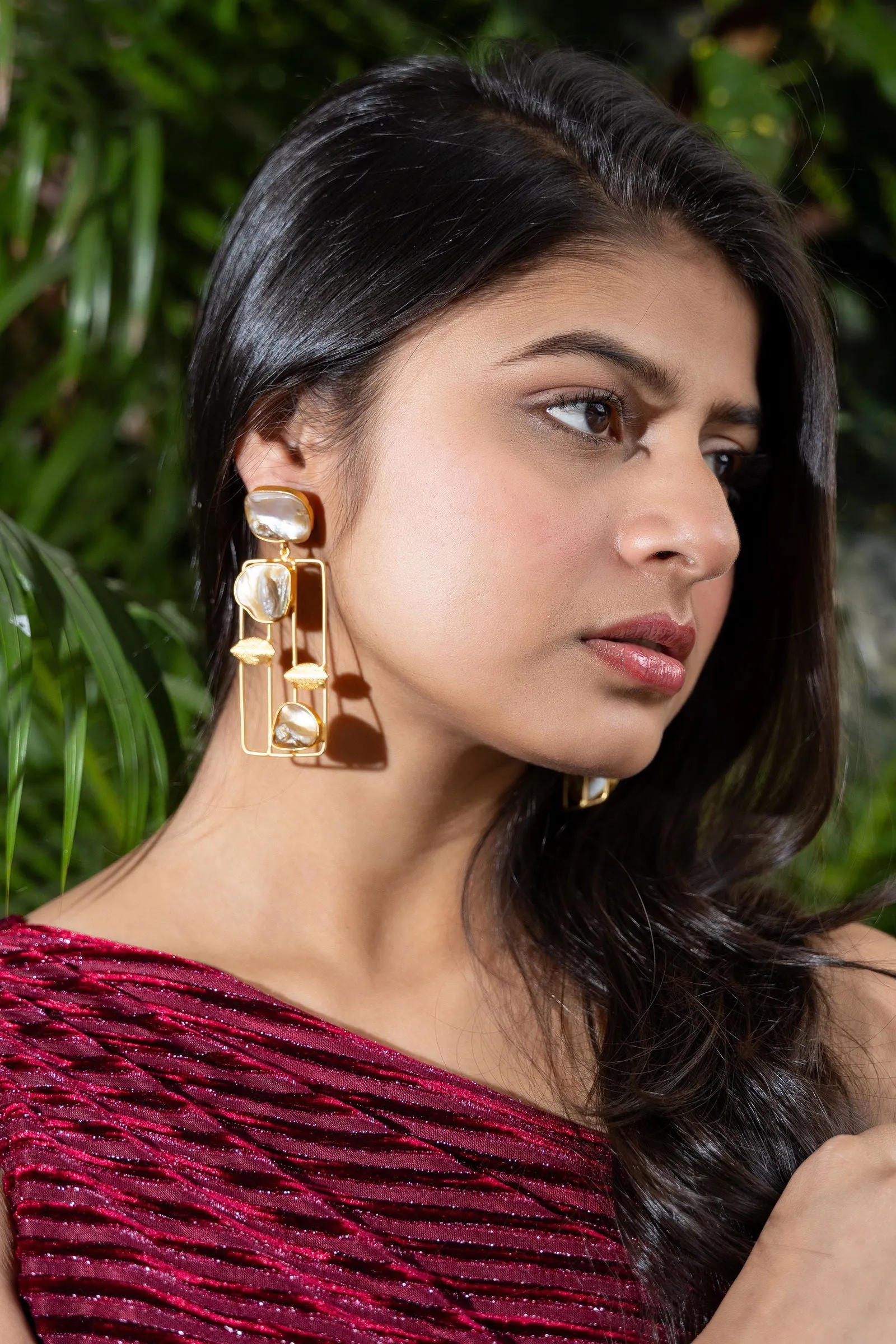Designer Mother Of Pearl Brass Stud Dangle Earrings - Unique Statement Jewelry For Any Occasion