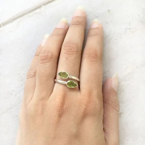 Facetted Peridot Adjustable Silver Ring