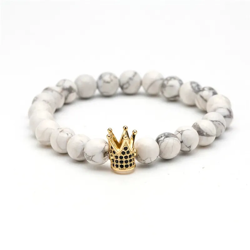 Fashion Mens Bracelet, White Natural Stone Mens Fashion Stretch King Charm Bracelet