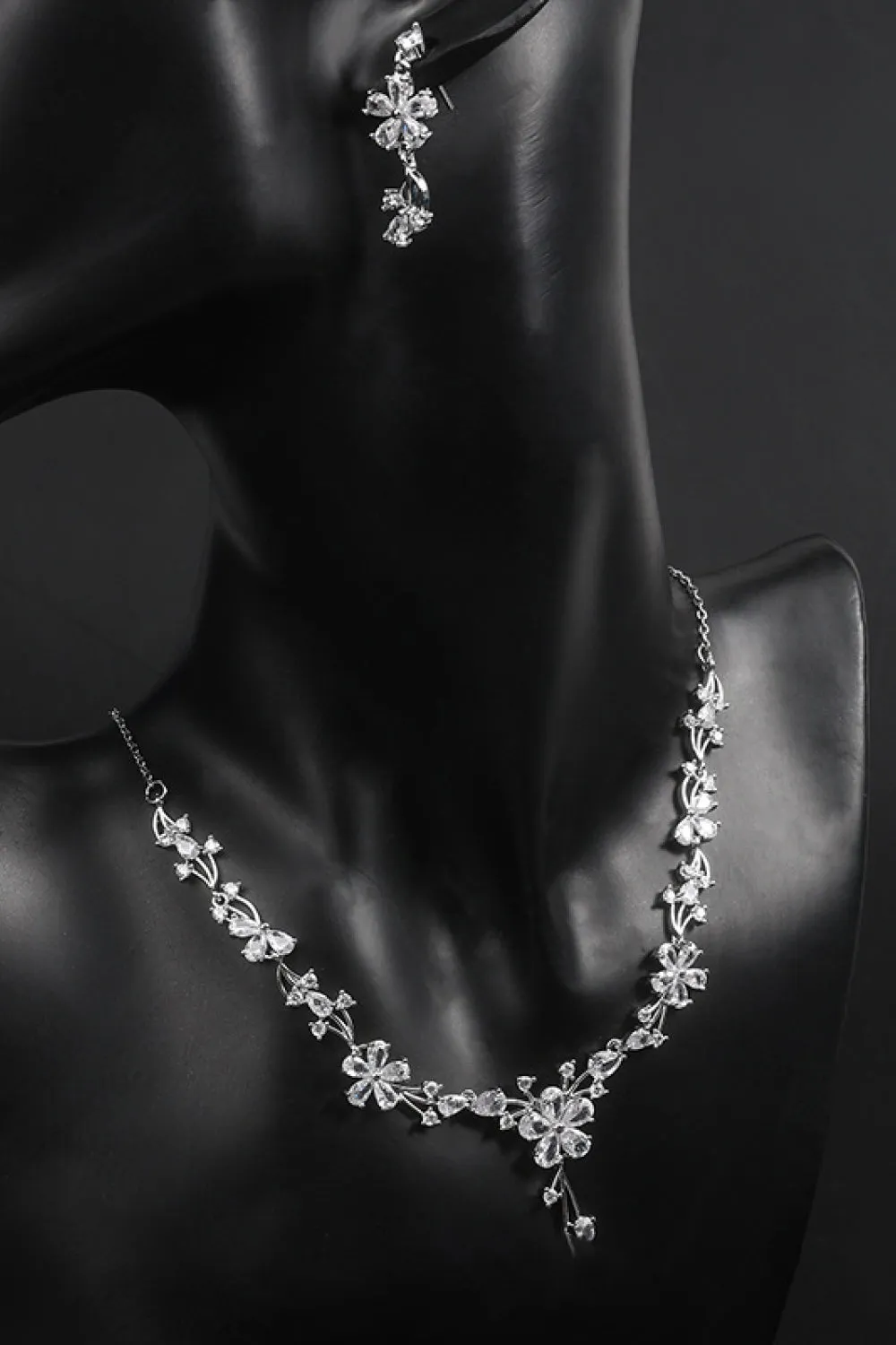Flower Cubic Zirconia Necklace and Drop Earrings Set