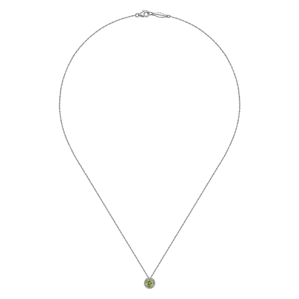 Gabriel & Co. Fashion 14K White Gold Peridot and Diamond Halo Pendant Necklace