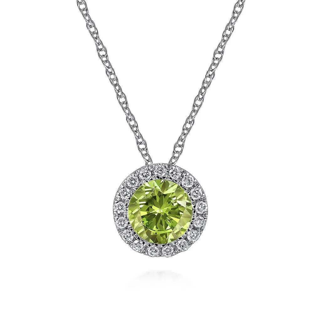 Gabriel & Co. Fashion 14K White Gold Peridot and Diamond Halo Pendant Necklace
