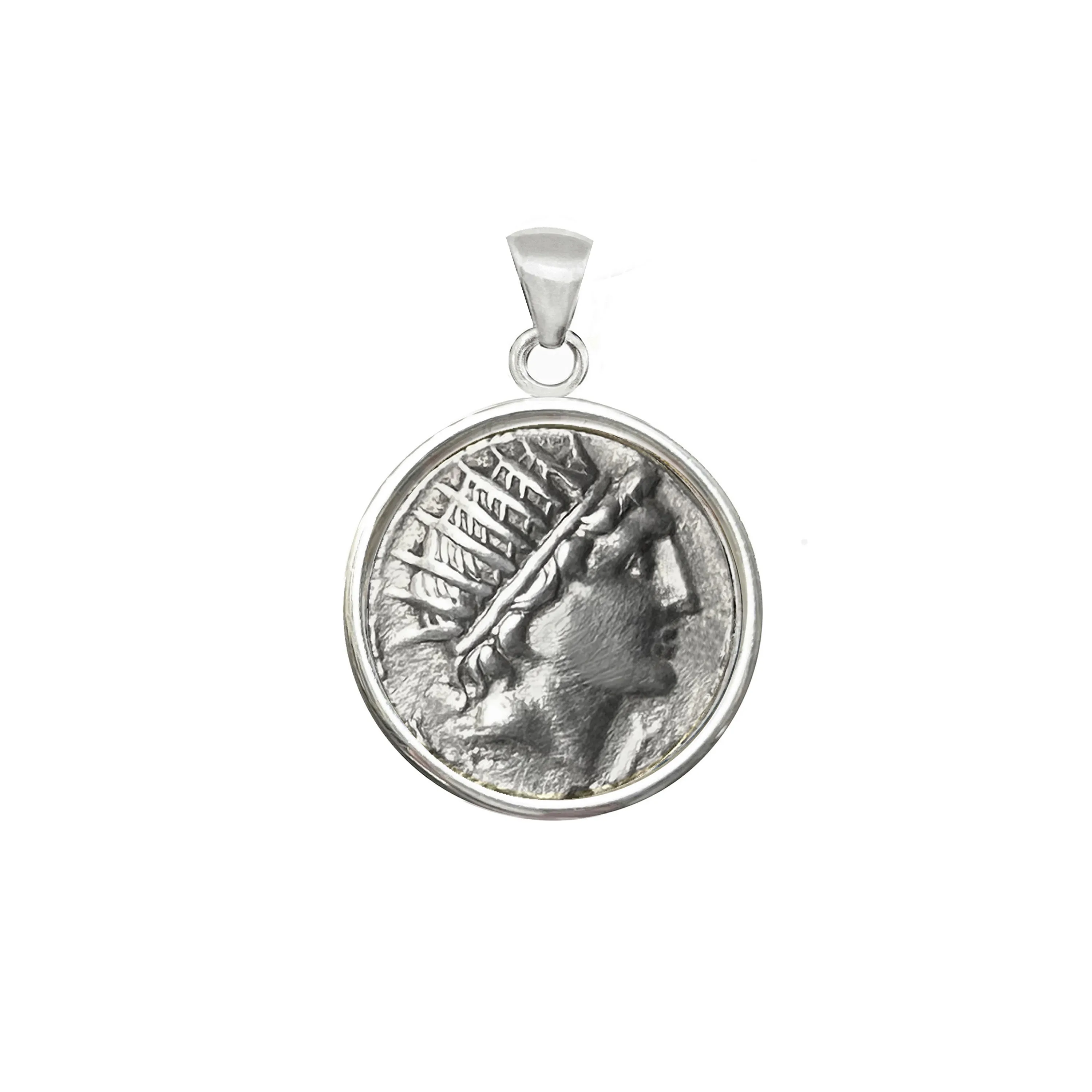 Genuine Ancient Roman coin 109 BC silver pendant depicting the god Sun, Helios