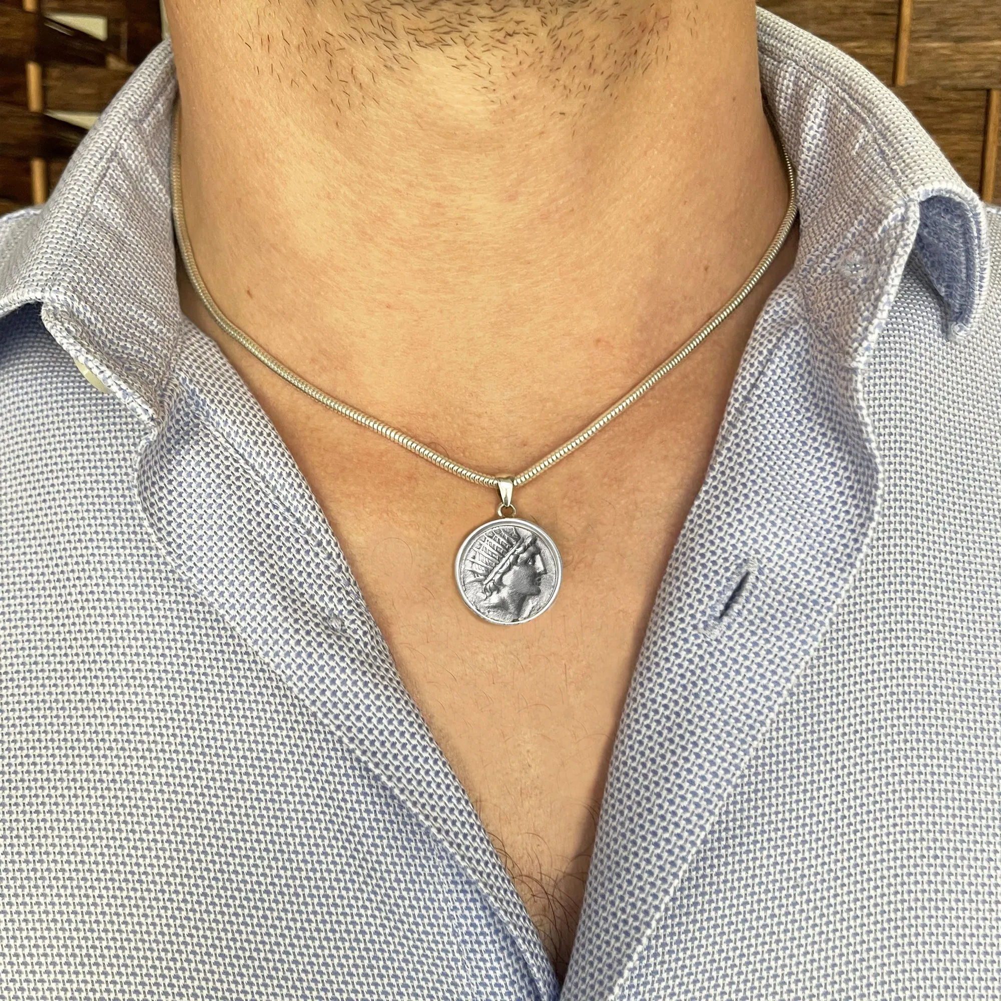 Genuine Ancient Roman coin 109 BC silver pendant depicting the god Sun, Helios