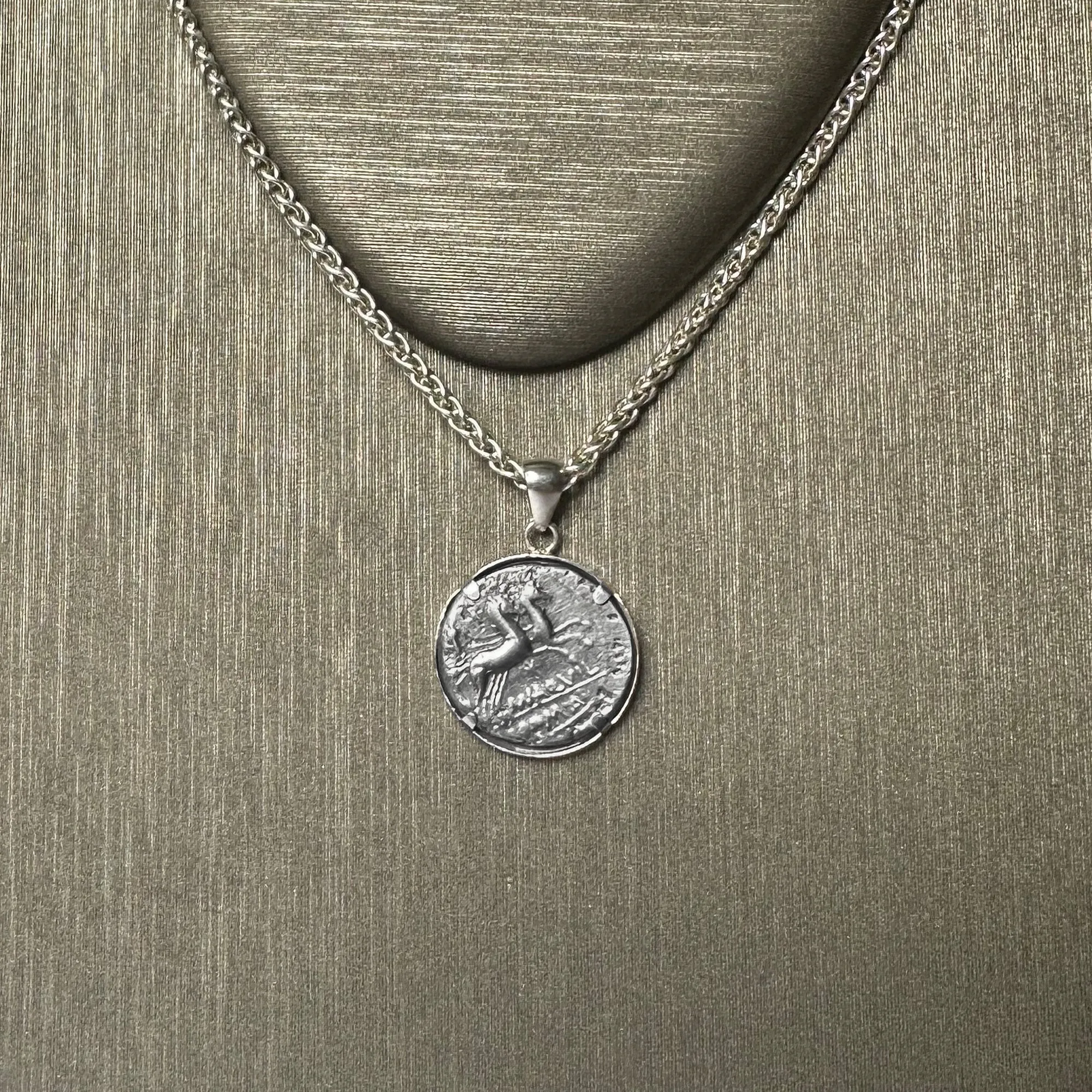 Genuine Ancient Roman coin 109 BC silver pendant depicting the god Sun, Helios