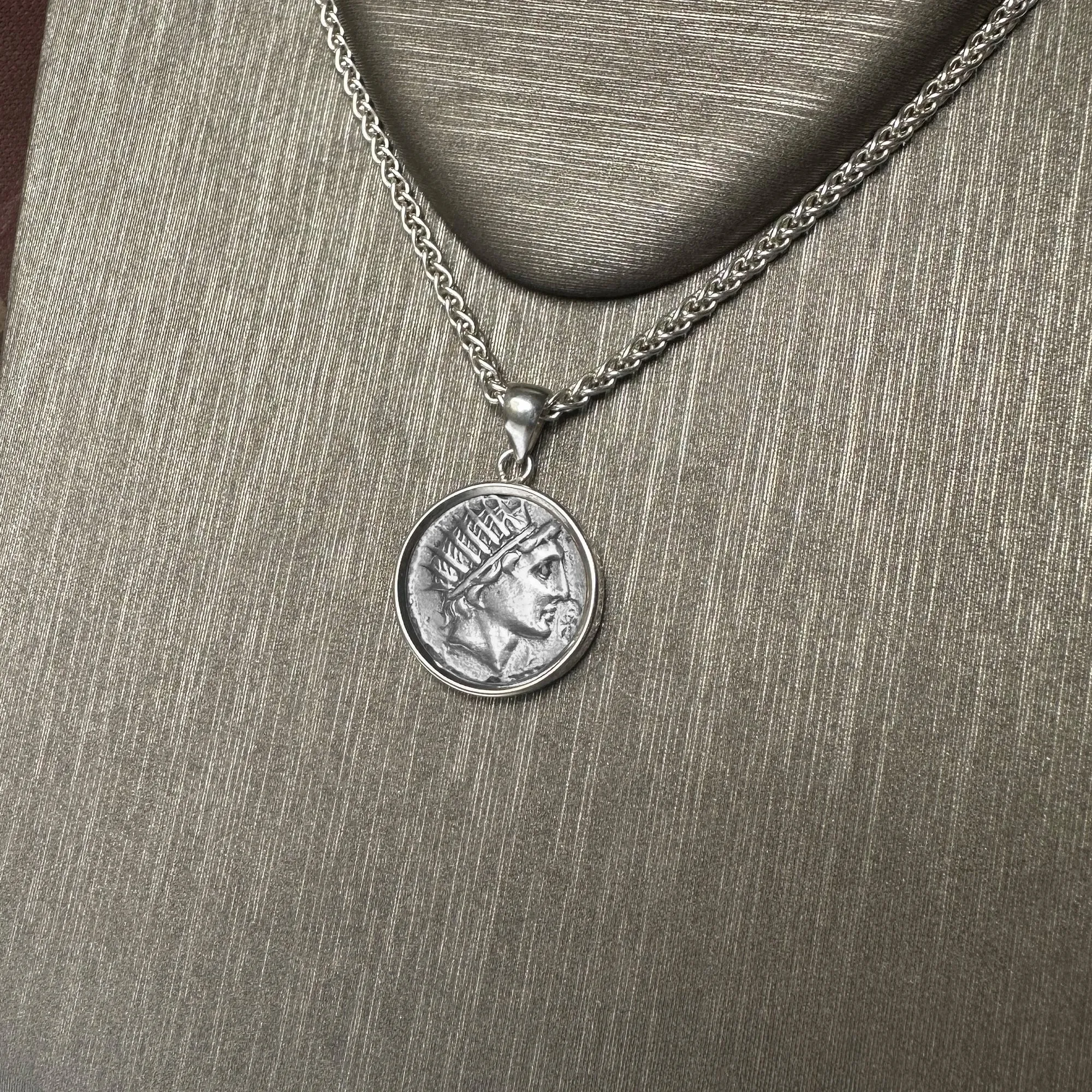 Genuine Ancient Roman coin 109 BC silver pendant depicting the god Sun, Helios