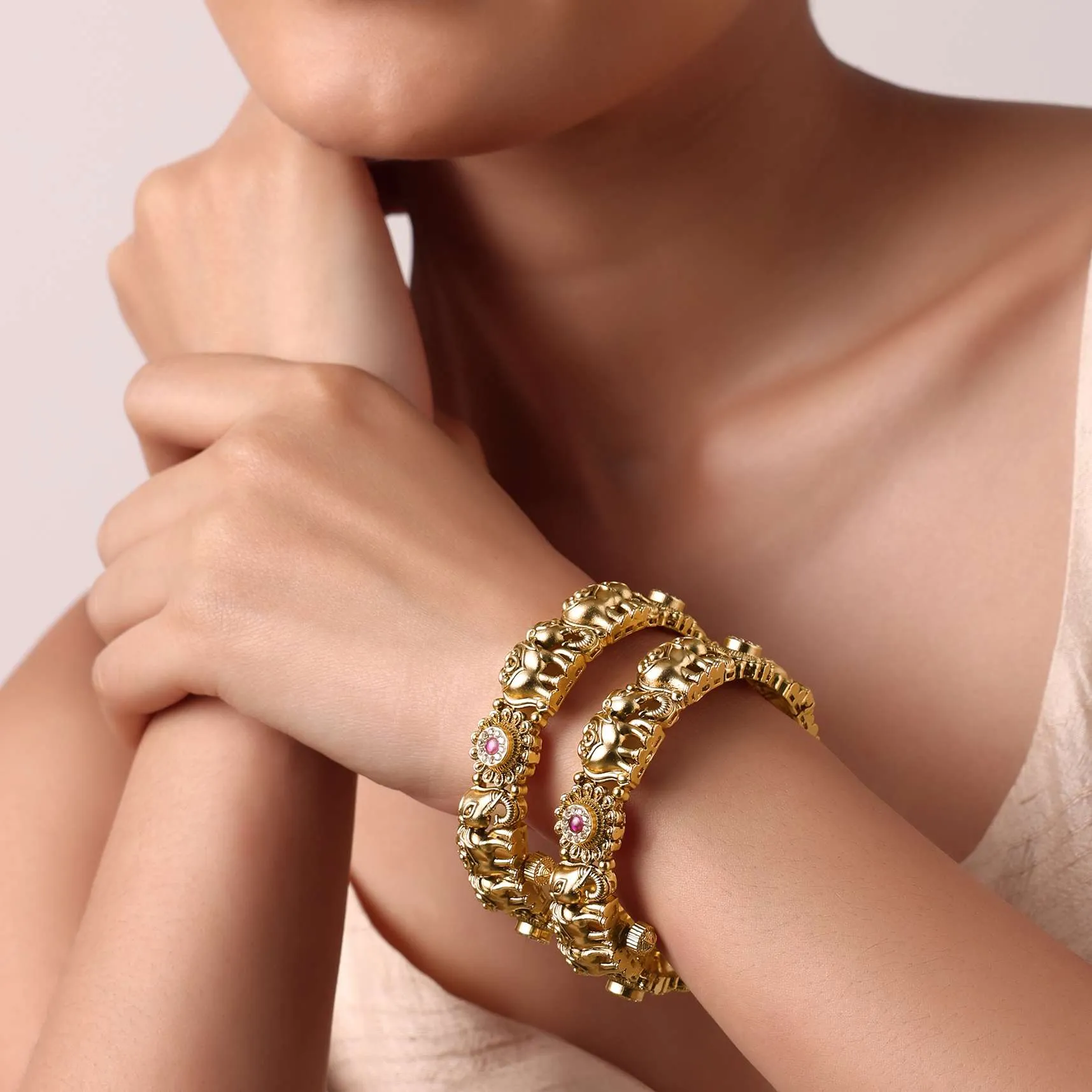 Gold Kundan Temple Bangle (Set of 2)