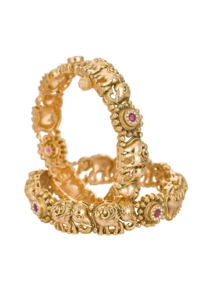 Gold Kundan Temple Bangle (Set of 2)