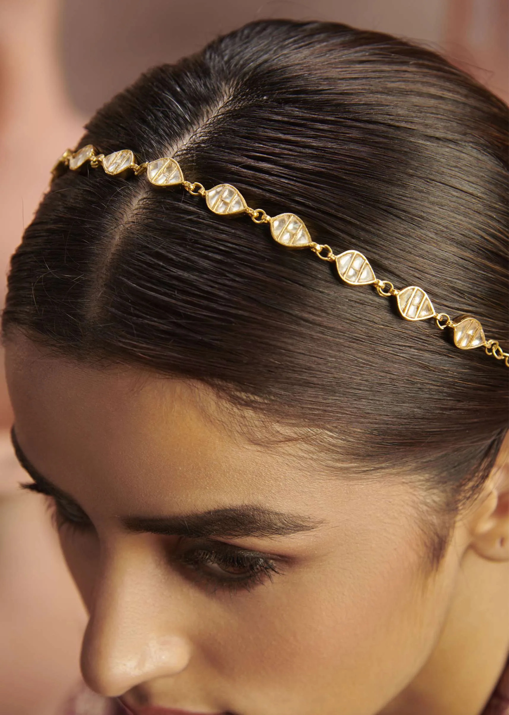 Gold Plated Head Band With Intricately Cardved Kundan
