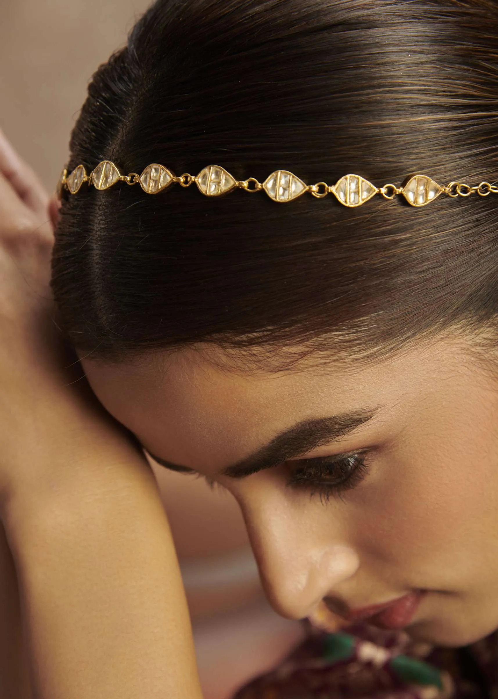 Gold Plated Head Band With Intricately Cardved Kundan