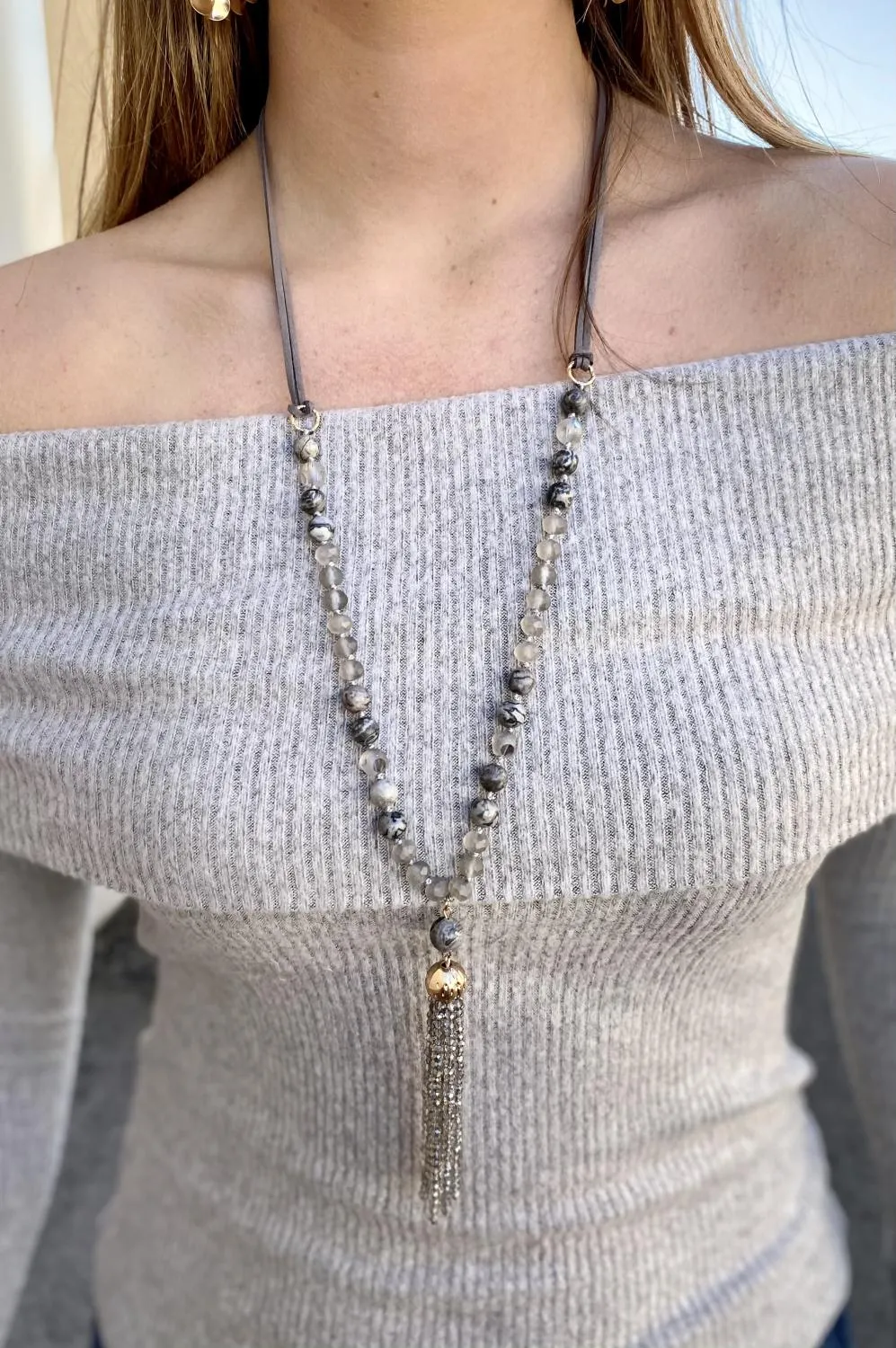 Grey Beaded Tassel Necklace