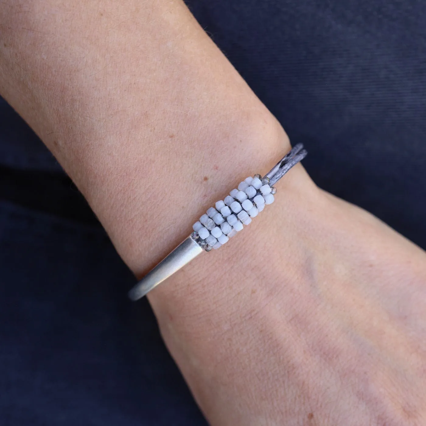 Hand Stitched Blue Lace Agate with Mystic Topaz 1/2 Cuff Bracelet
