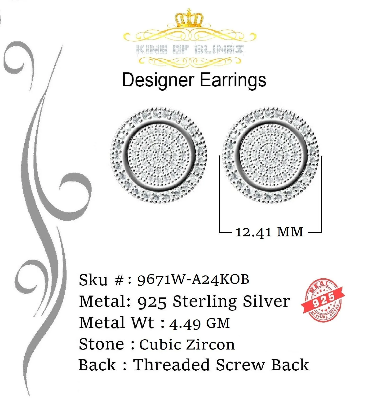 King of Blings- Aretes Para Hombre 925 White Silver 1.07ct Cubic Zirconia Round Women's Earrings
