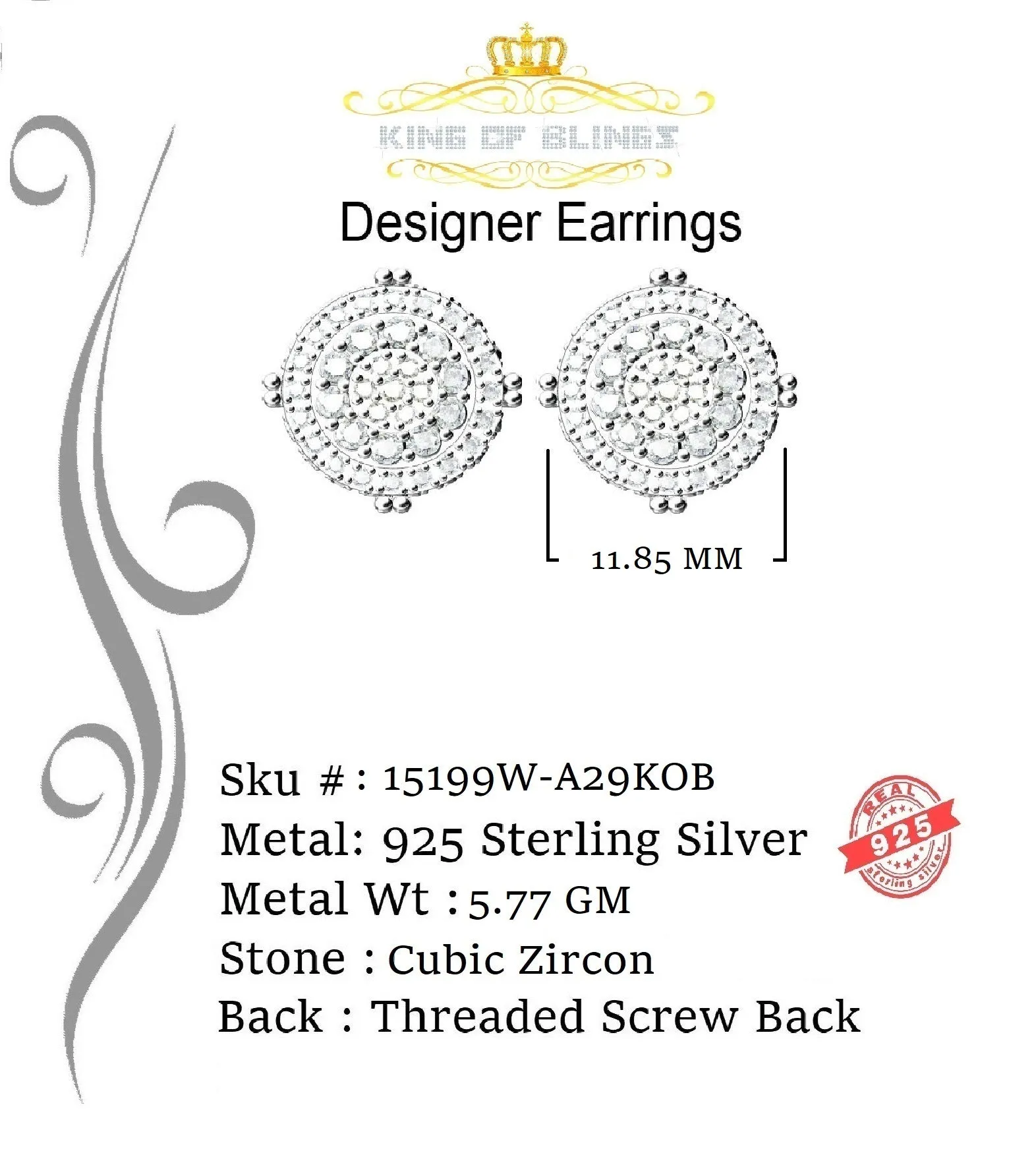 King of Blings- White Sterling Silver 1.32ct Cubic Zirconia Hip Hop Round Earrings for women's