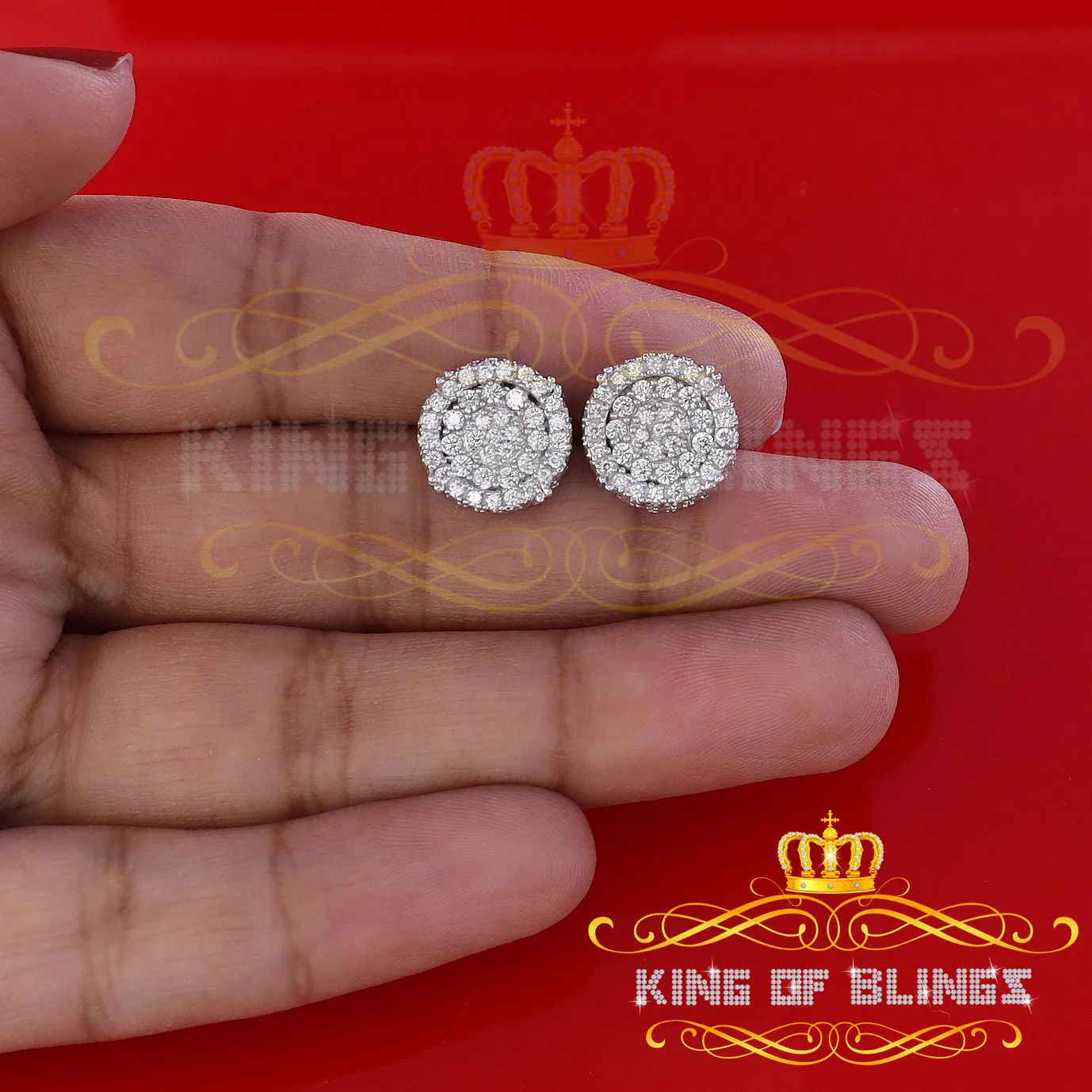 King of Blings- White Sterling Silver 1.32ct Cubic Zirconia Hip Hop Round Earrings for women's