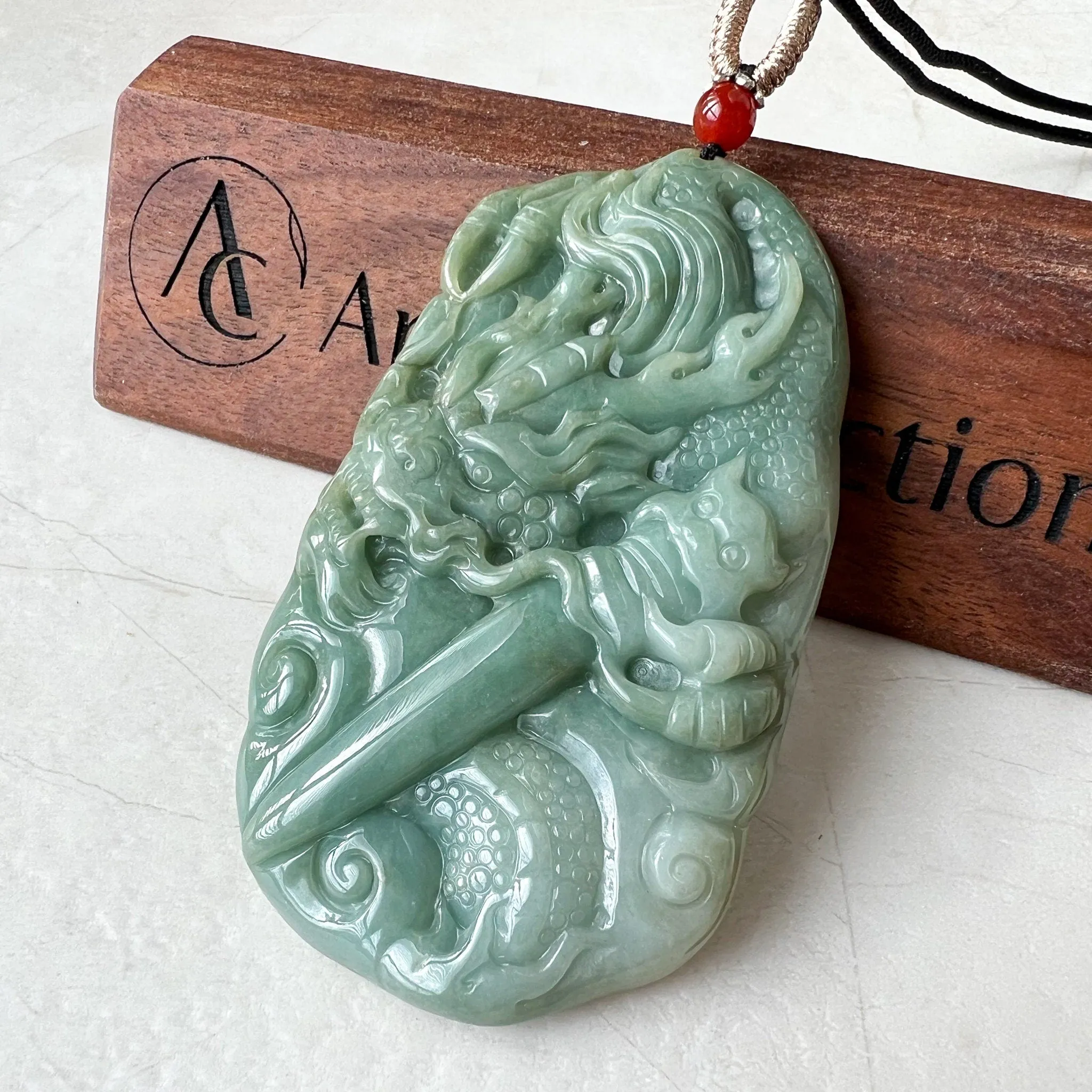 Large Jadeite Jade Dragon and Sword Pendant Necklace, Chinese Zodiac, Green Jade, Hand Carved, YJ-0722-0008087