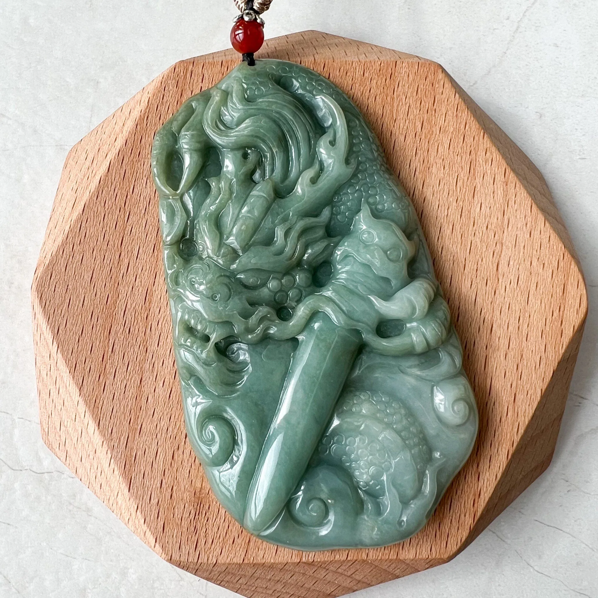 Large Jadeite Jade Dragon and Sword Pendant Necklace, Chinese Zodiac, Green Jade, Hand Carved, YJ-0722-0008087