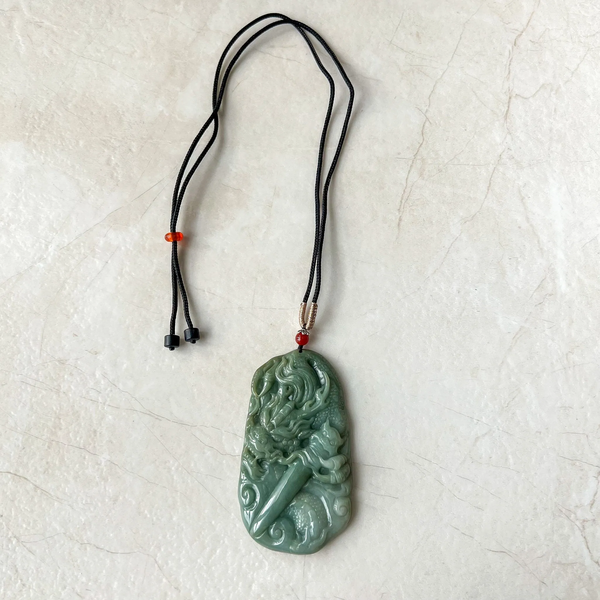 Large Jadeite Jade Dragon and Sword Pendant Necklace, Chinese Zodiac, Green Jade, Hand Carved, YJ-0722-0008087