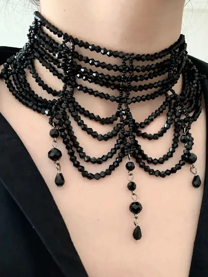 Medieval Knight Gothic Braided Black Beaded Necklace