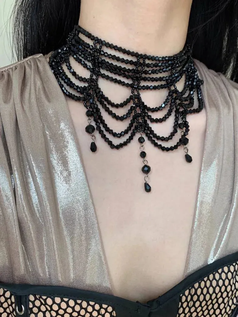 Medieval Knight Gothic Braided Black Beaded Necklace