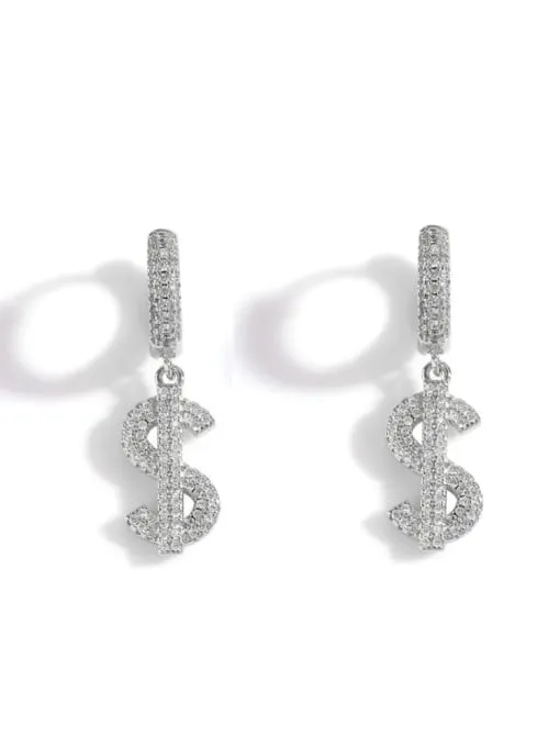 Money Sign Hoop Earrings, .925 Sterling Silver Pave Zircon Luxury Hoop Huggie Earrings