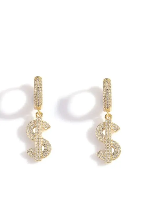 Money Sign Hoop Earrings, .925 Sterling Silver Pave Zircon Luxury Hoop Huggie Earrings