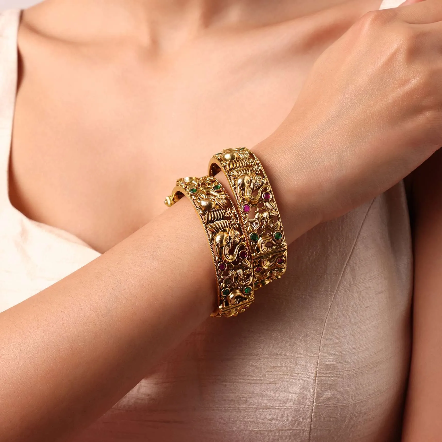 Multicolor Finish Carved Bangle With Kundan Set of 2