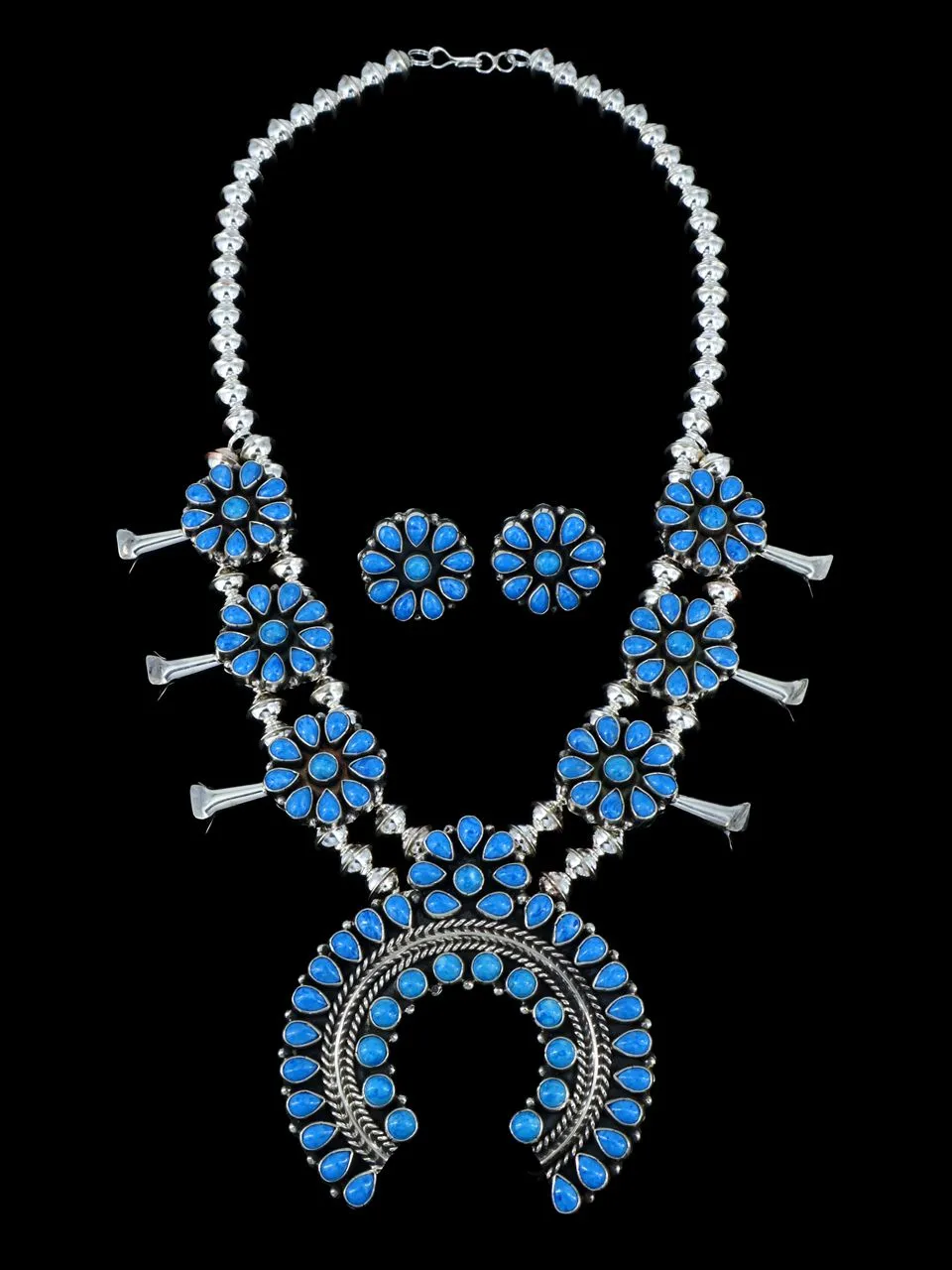 Native American Denim Lapis Squash Blossom Necklace and Earrings Set