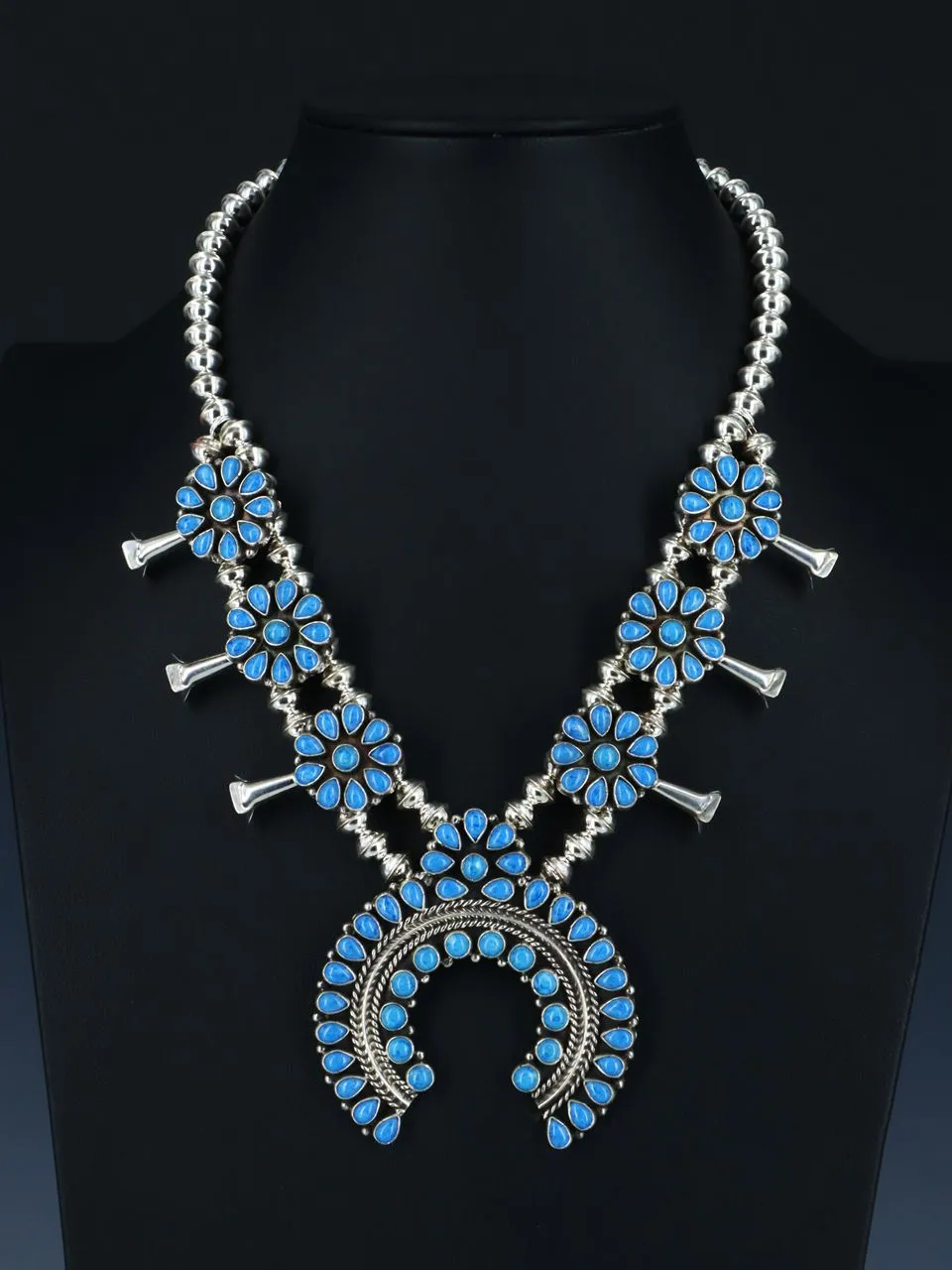 Native American Denim Lapis Squash Blossom Necklace and Earrings Set
