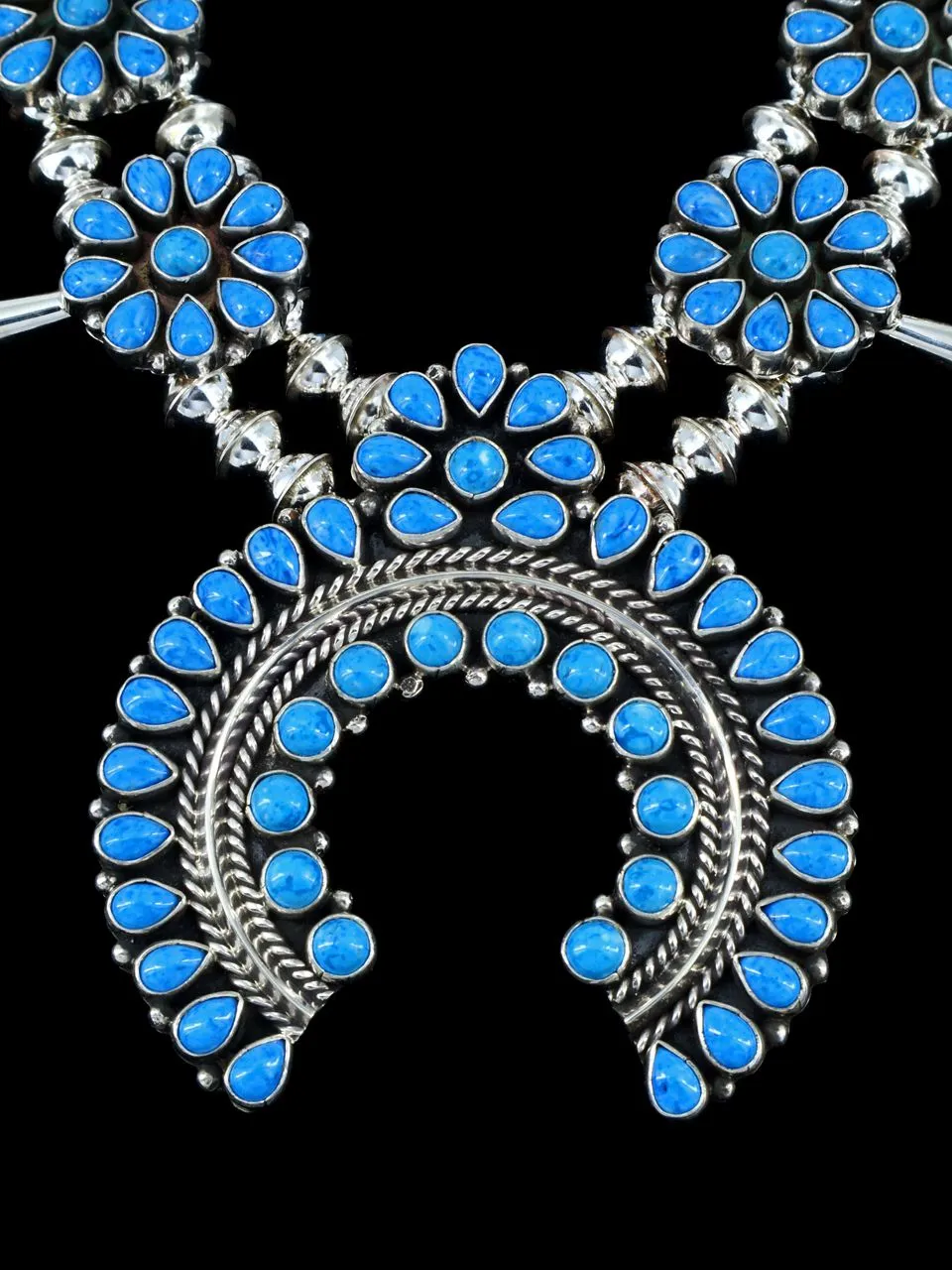 Native American Denim Lapis Squash Blossom Necklace and Earrings Set