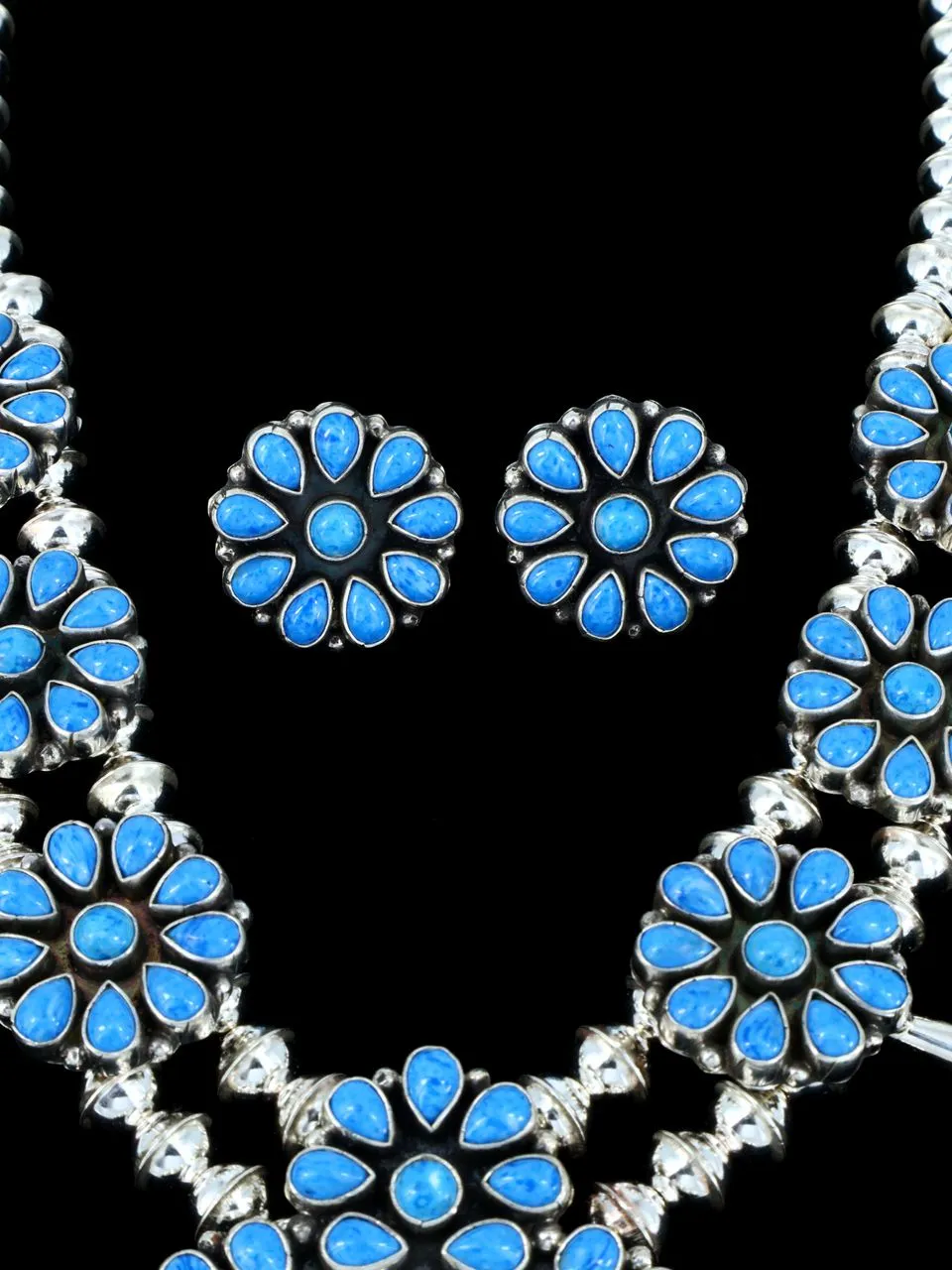 Native American Denim Lapis Squash Blossom Necklace and Earrings Set