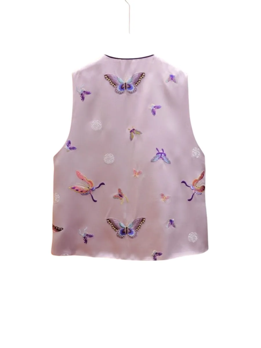 Neo-Chinese Style, New Year, Reversible Butterfly Print Vest, Pink and Purple, Traditional Asian Style