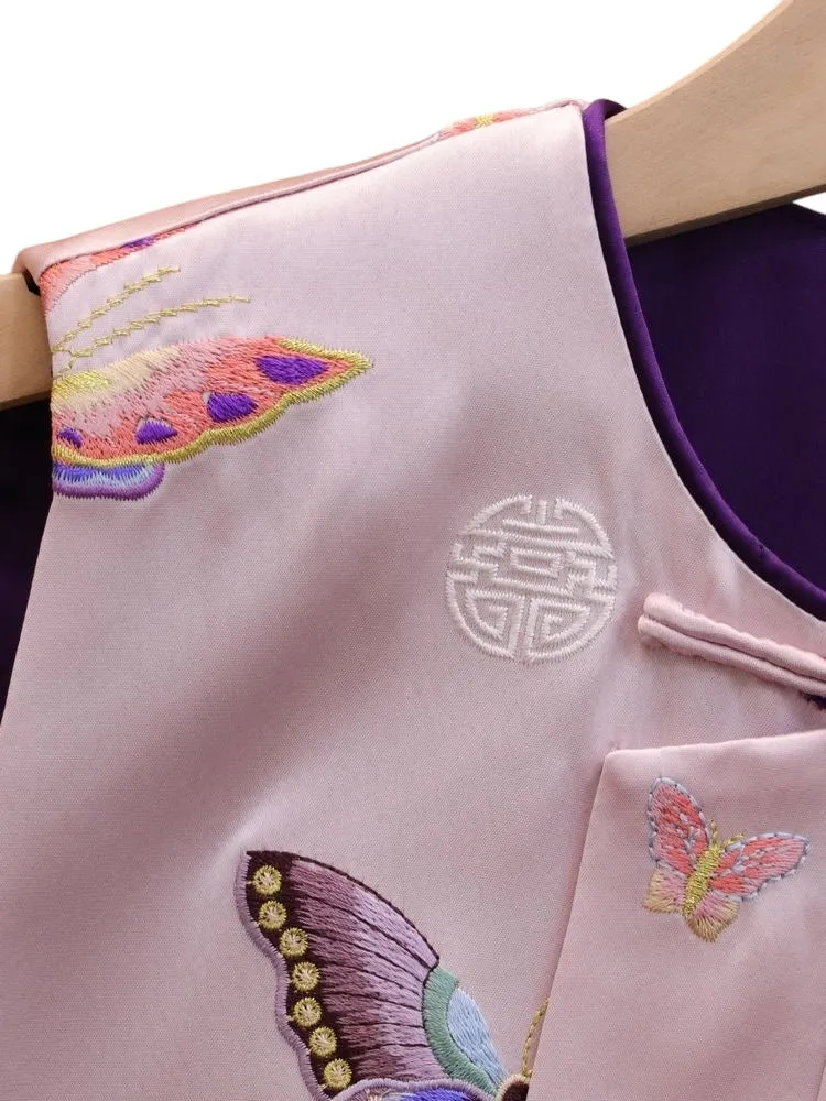 Neo-Chinese Style, New Year, Reversible Butterfly Print Vest, Pink and Purple, Traditional Asian Style