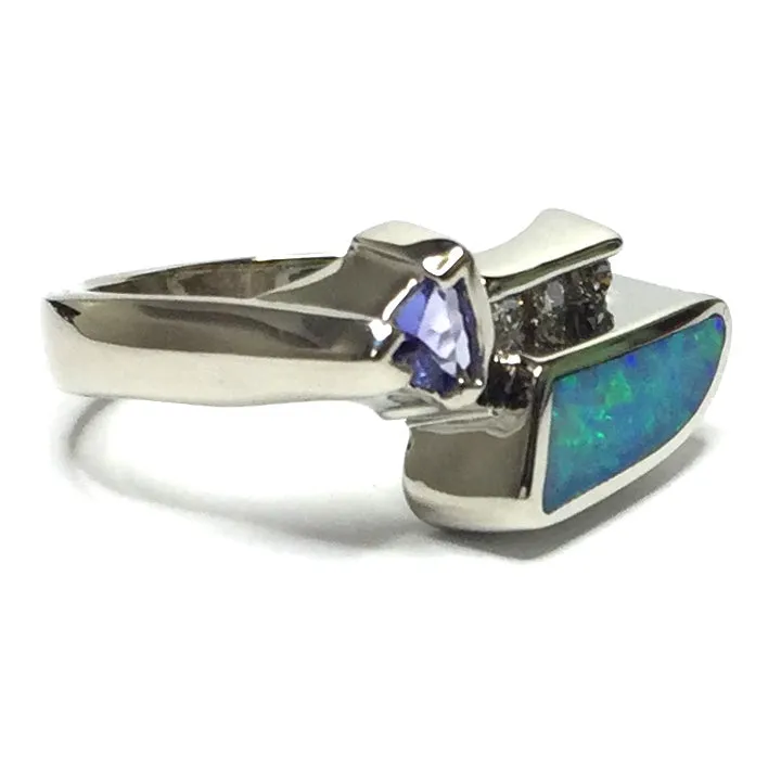 Opal Rings Geometric Inlaid Design with Tanzanite and .08ctw Diamonds