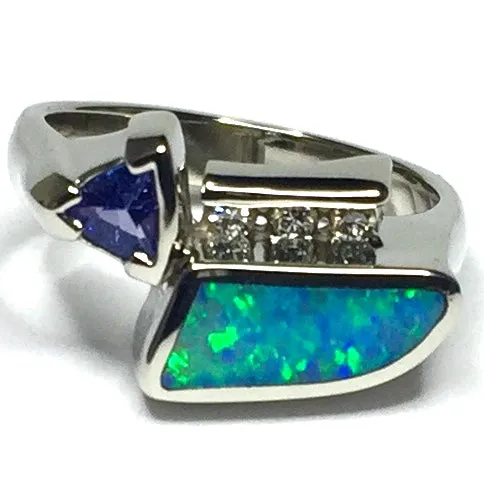Opal Rings Geometric Inlaid Design with Tanzanite and .08ctw Diamonds