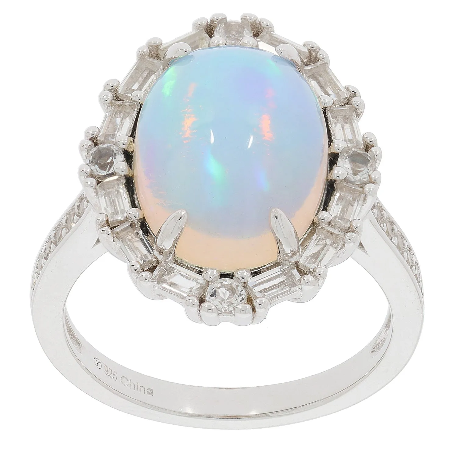 Oval White Opal Sterling Silver Ring with Accent
