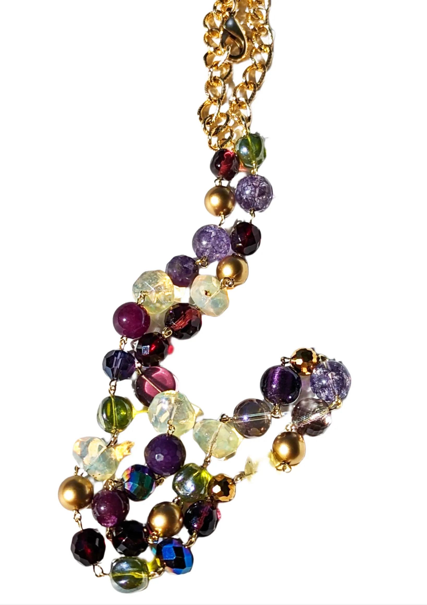 Purple Green Opalite Garnet Gold Hand Linked Darling Necklace Gay Isber one of a kind USA