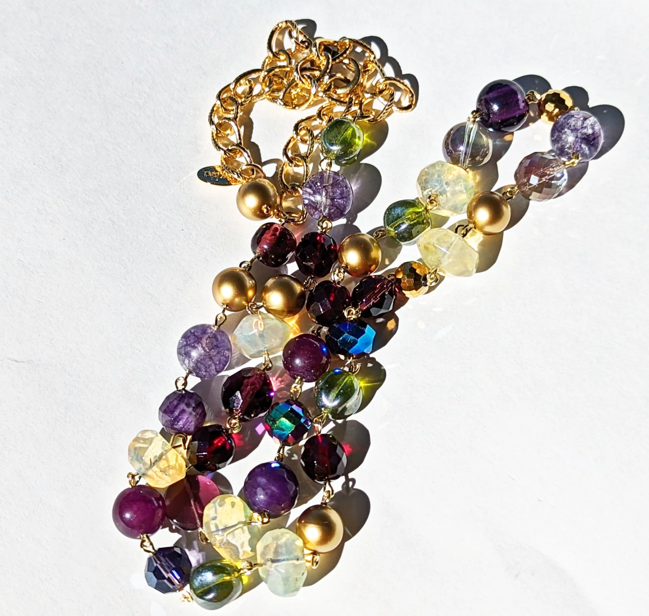 Purple Green Opalite Garnet Gold Hand Linked Darling Necklace Gay Isber one of a kind USA