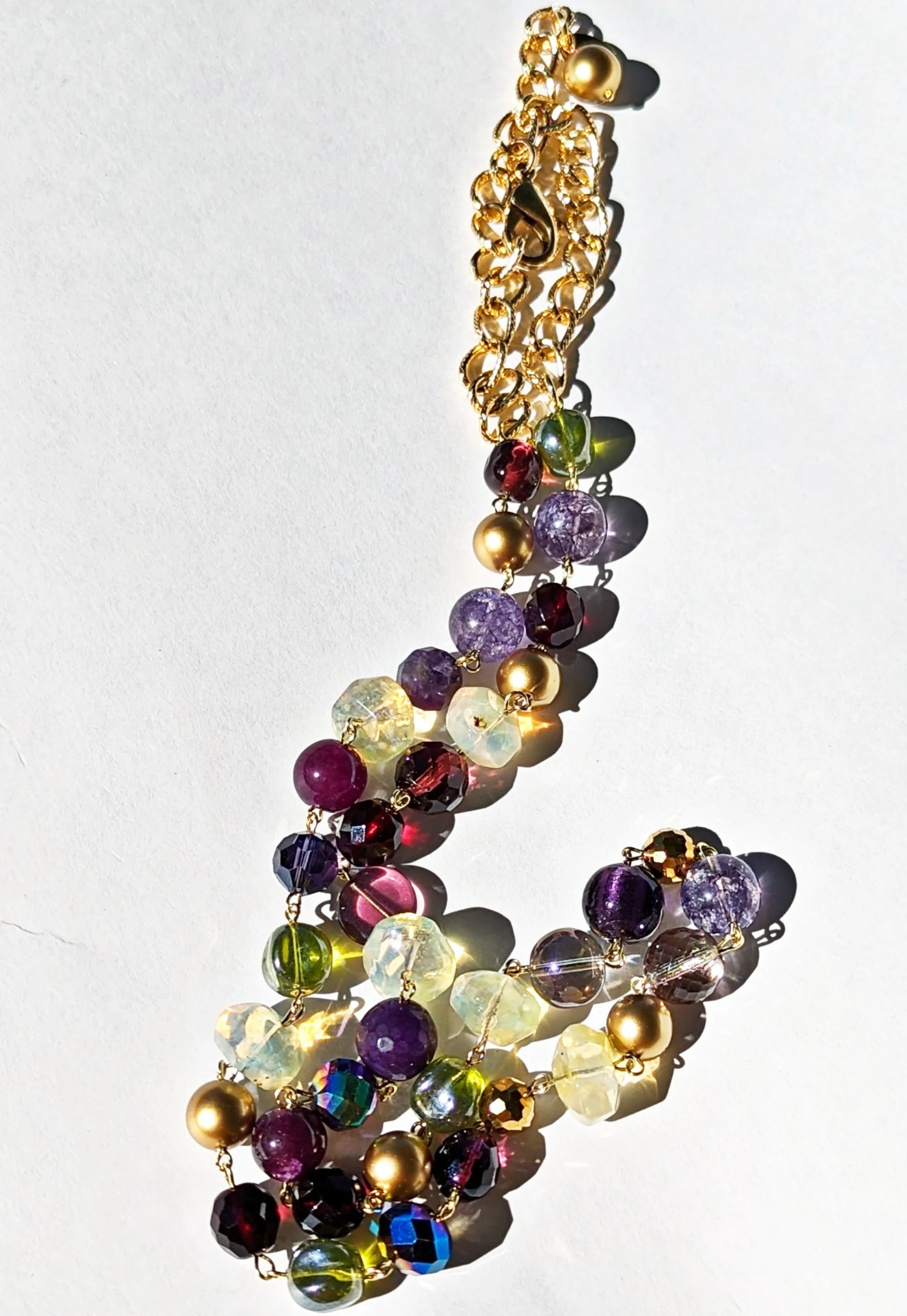Purple Green Opalite Garnet Gold Hand Linked Darling Necklace Gay Isber one of a kind USA