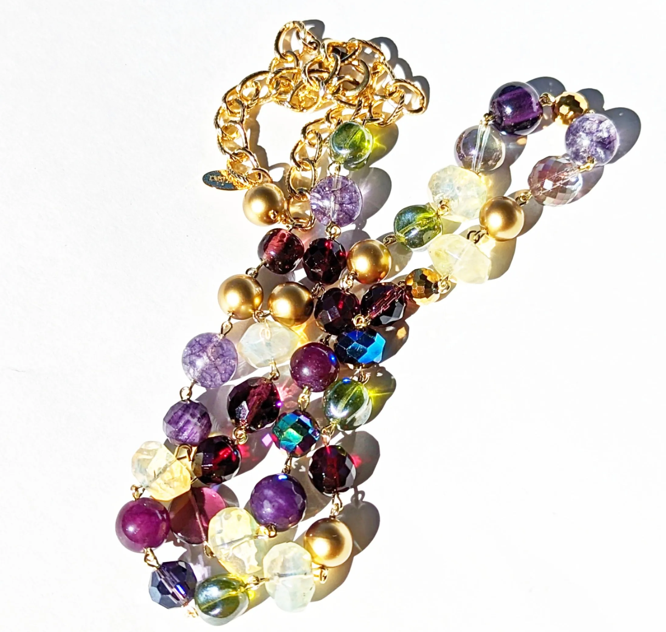 Purple Green Opalite Garnet Gold Hand Linked Darling Necklace Gay Isber one of a kind USA